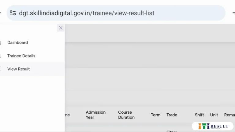 "ITI trainee result list navigation menu on Skill India Digital website showing dashboard, trainee details, and view result option"
