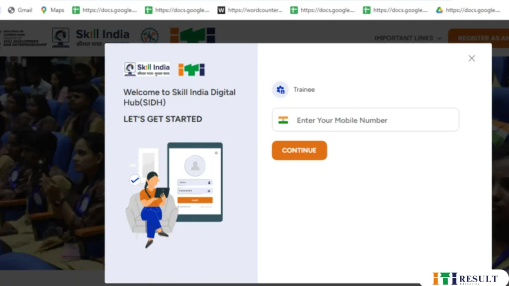 "Skill India Digital Hub Trainee Login Page with Mobile Number Entry – SIDH Portal 2025"