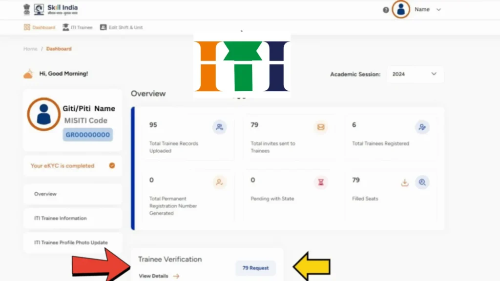 "Skill India Dashboard Showing MISITI Code, Trainee Verification Requests, and Record Overview – 2024"

