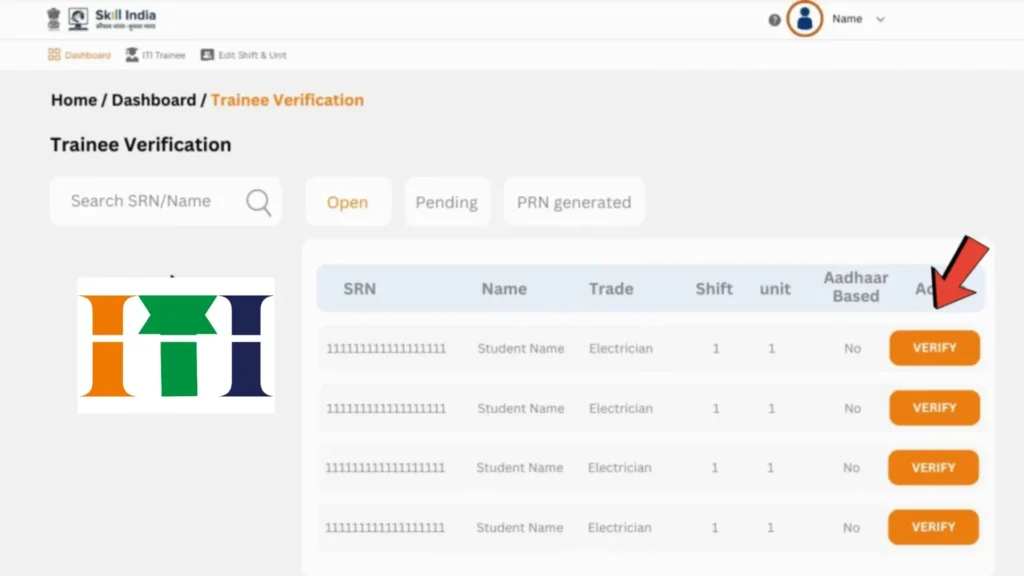 "Skill India Trainee Verification Dashboard Showing SRN List and Verify Button for Electrician Trade – 2025"

