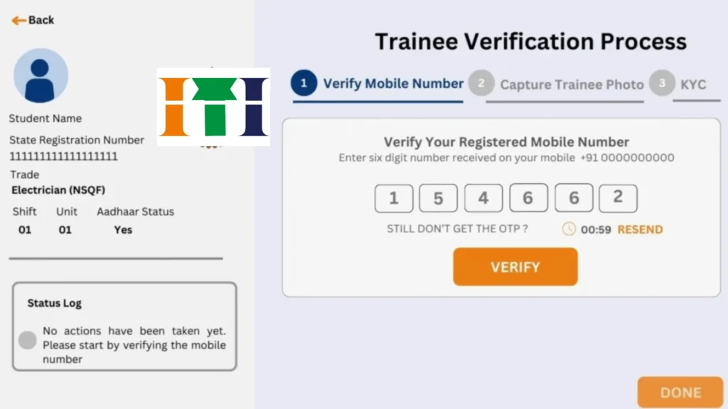 Trainee Verification Process Screenshot Showing OTP Entry for Mobile Number Verification on Skill India Portal 2025


