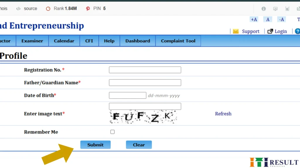 NCVT MIS Trainee Profile login form with registration number, DOB, and captcha for ITI admit card download.










