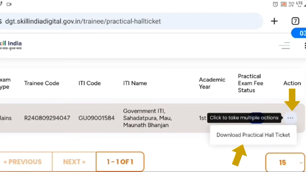 Skill India portal dashboard with options to download Practical Hall Ticket and CBT Hall Ticket 2025.
