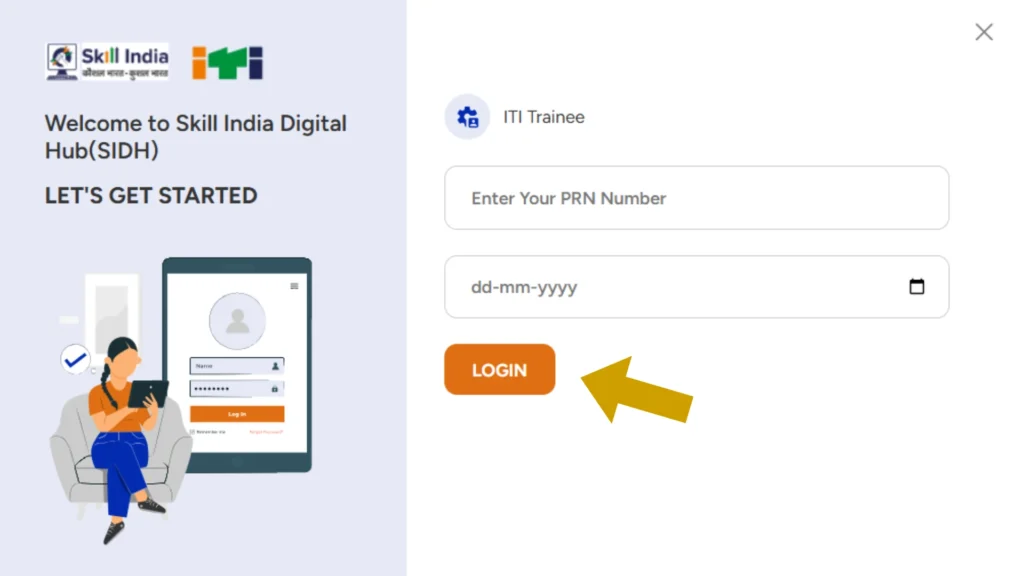 Skill India Digital Hub show the options; PRN login or Date of Birth screen for ITI Trainees to download NCVT admit card 2025.

