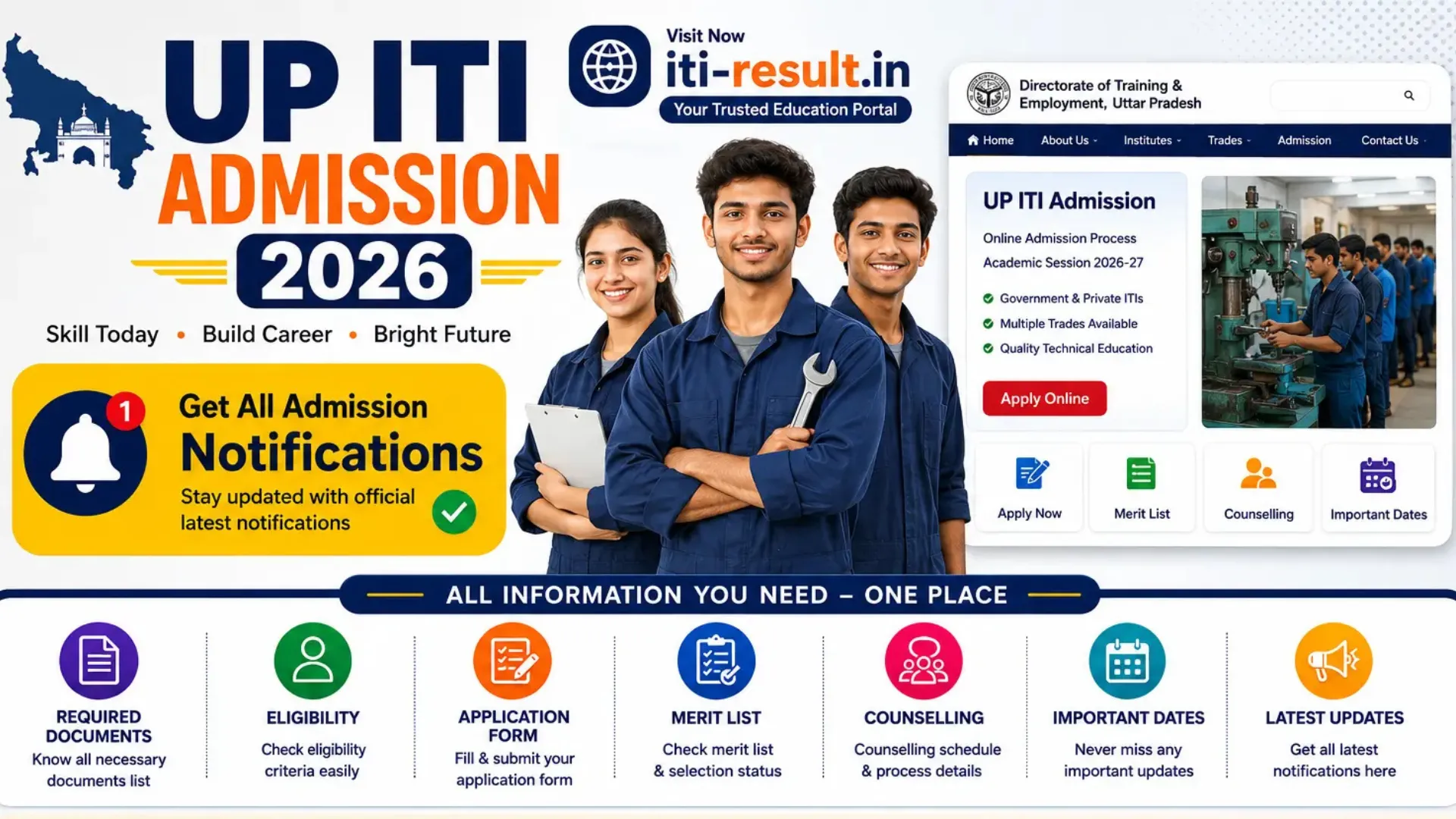 Students applying online for UP ITI Admission 2026 with laptop and notebook – SCVT UP application process, eligibility, trade list, and counselling info"
